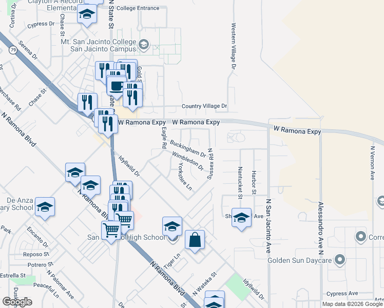 map of restaurants, bars, coffee shops, grocery stores, and more near 388 Buckingham Drive in San Jacinto