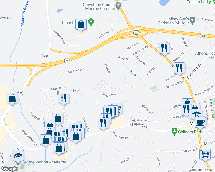 map of restaurants, bars, coffee shops, grocery stores, and more near 571 Plaza Drive in Monroe