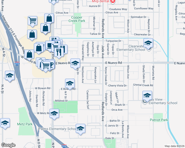 map of restaurants, bars, coffee shops, grocery stores, and more near 1506 Keepsake Lane in Perris