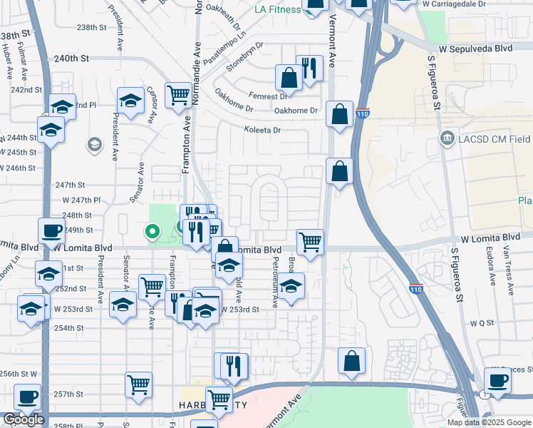 map of restaurants, bars, coffee shops, grocery stores, and more near 1065 Lomita Boulevard in West Carson
