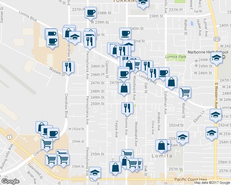 map of restaurants, bars, coffee shops, grocery stores, and more near 2244 248th Street in Lomita