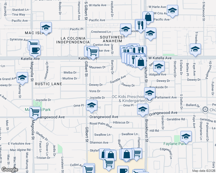 map of restaurants, bars, coffee shops, grocery stores, and more near 9662 Dewey Drive in Garden Grove