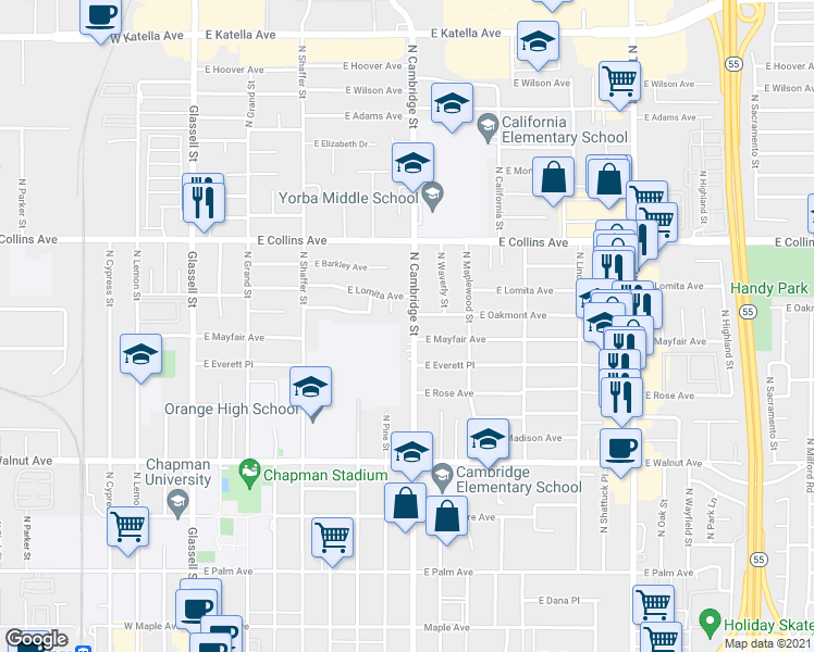 map of restaurants, bars, coffee shops, grocery stores, and more near 746 North Cambridge Street in Orange