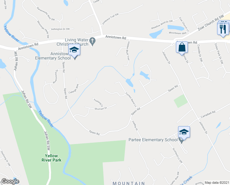 map of restaurants, bars, coffee shops, grocery stores, and more near 4490 Forrest Bend Court in Snellville