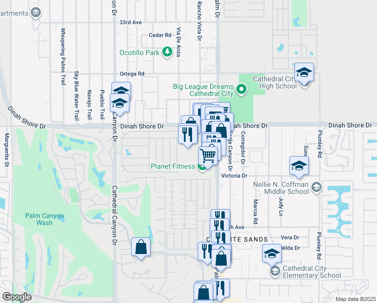 map of restaurants, bars, coffee shops, grocery stores, and more near 34-091 Date Palm Drive in Cathedral City