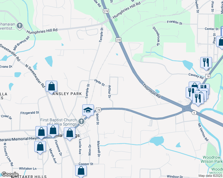 map of restaurants, bars, coffee shops, grocery stores, and more near 6382 Arthur Drive in Lithia Springs