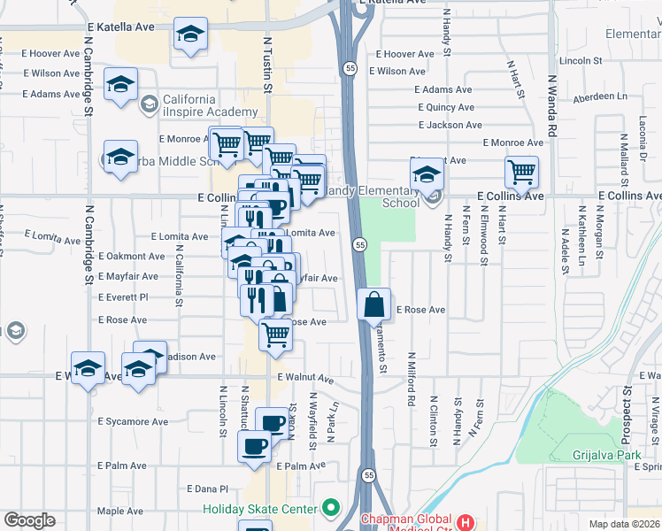map of restaurants, bars, coffee shops, grocery stores, and more near 745 North Shirley Drive in Orange