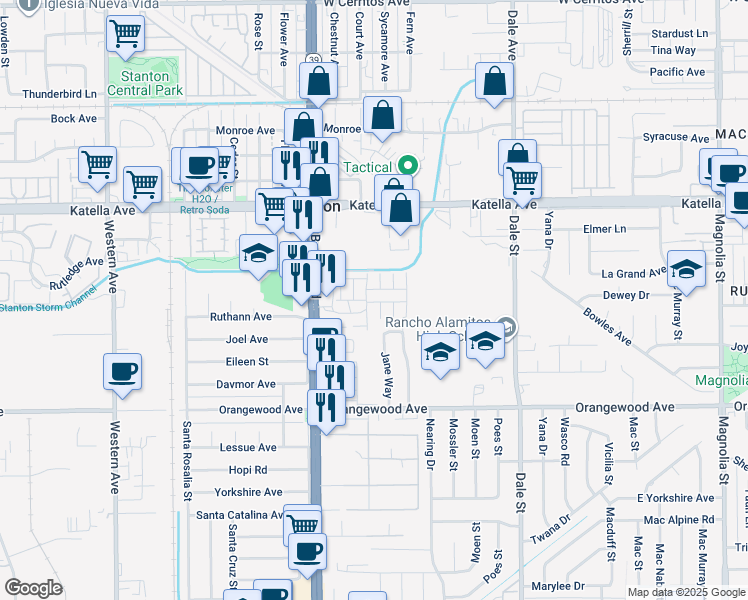 map of restaurants, bars, coffee shops, grocery stores, and more near 11250 Beach Boulevard in Stanton