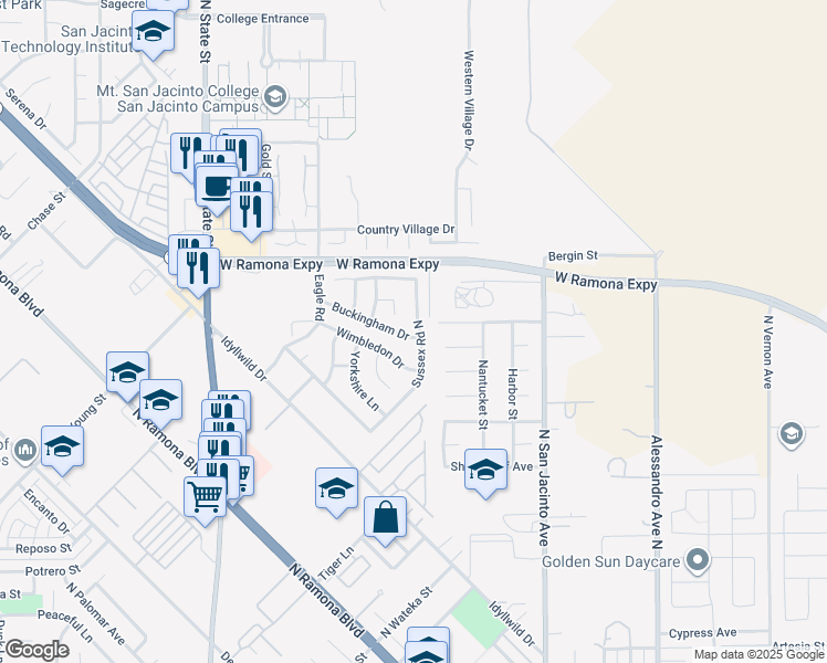 map of restaurants, bars, coffee shops, grocery stores, and more near 1004 Sussex Road North in San Jacinto