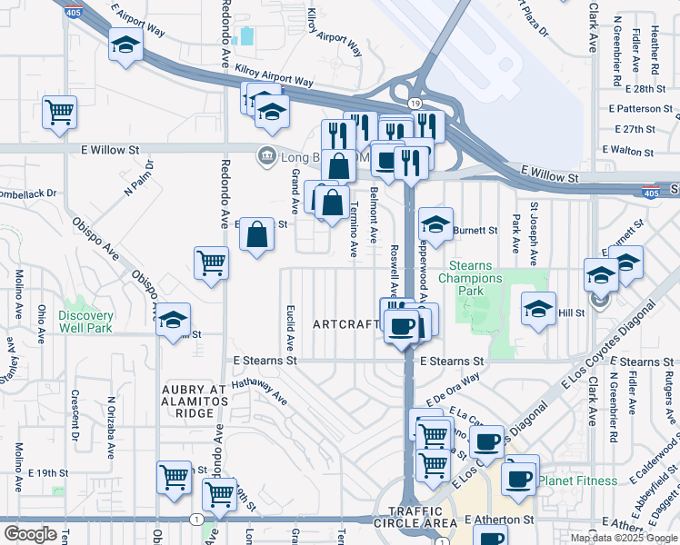 map of restaurants, bars, coffee shops, grocery stores, and more near 2298 Mira Mar Avenue in Long Beach