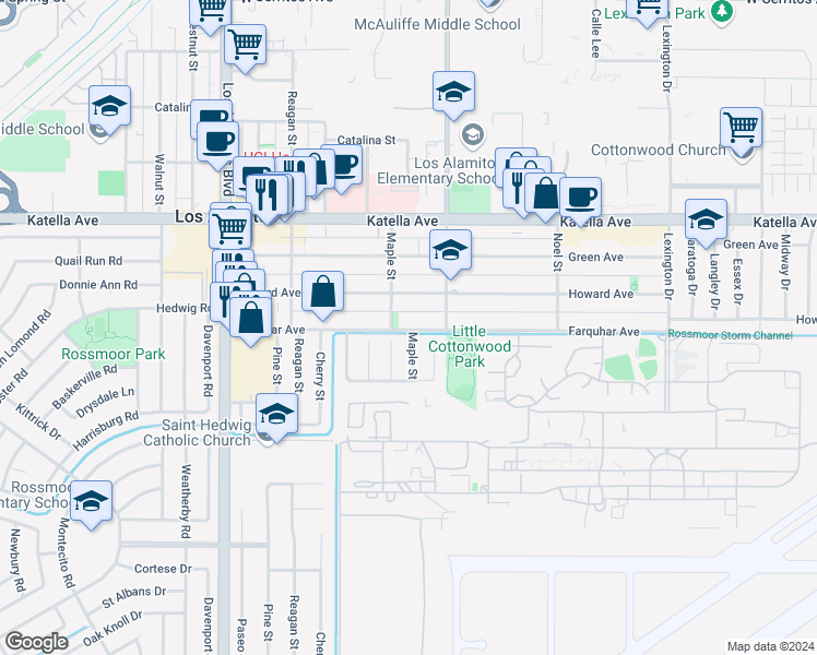 map of restaurants, bars, coffee shops, grocery stores, and more near 3899 Farquhar Avenue in Los Alamitos