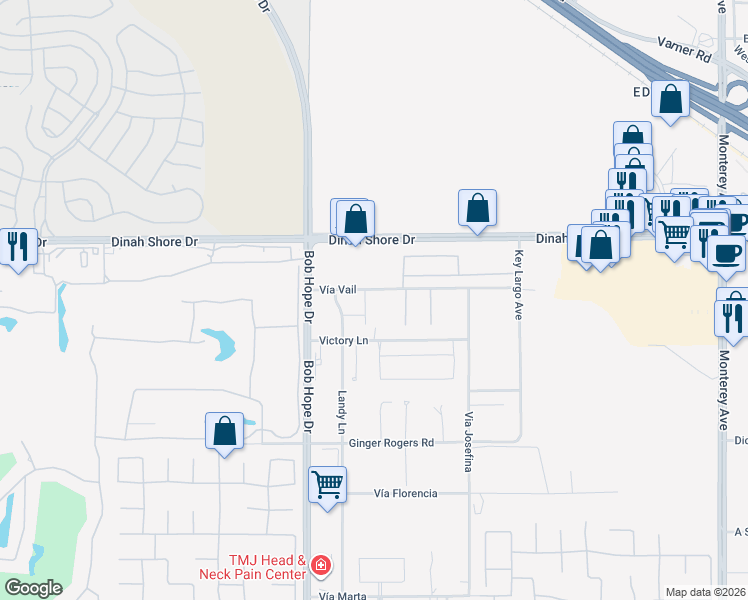 map of restaurants, bars, coffee shops, grocery stores, and more near 72125 Vía Vail in Rancho Mirage