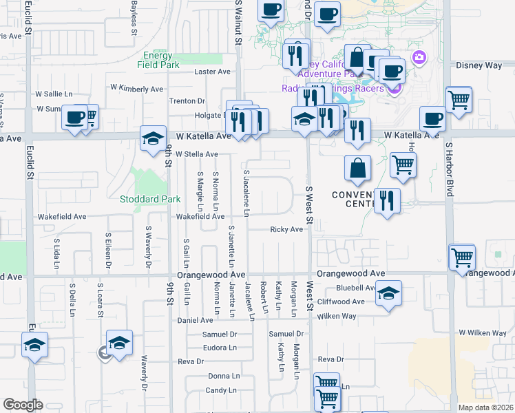 map of restaurants, bars, coffee shops, grocery stores, and more near 1925 South Robert Lane in Anaheim