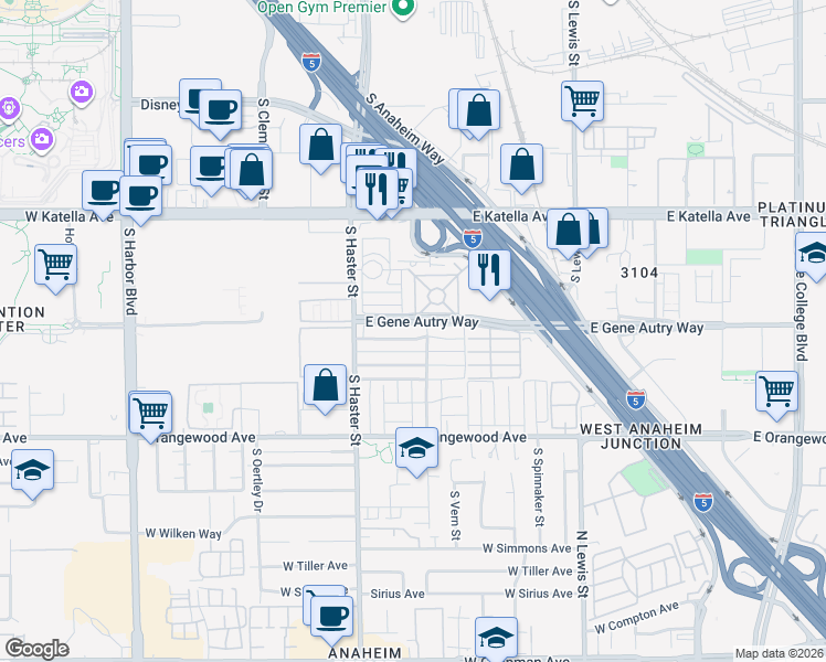 map of restaurants, bars, coffee shops, grocery stores, and more near 201 East Wakefield Avenue in Anaheim