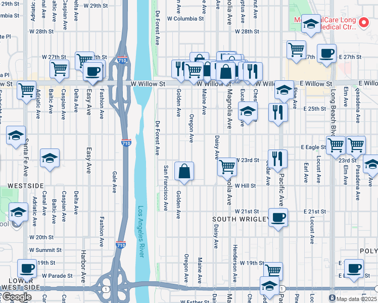map of restaurants, bars, coffee shops, grocery stores, and more near 2335 Oregon Avenue in Long Beach