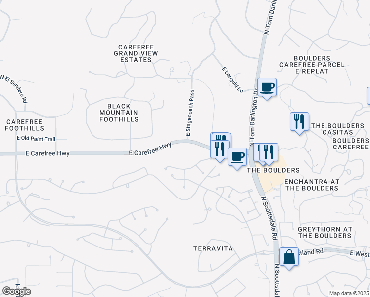 map of restaurants, bars, coffee shops, grocery stores, and more near 6823 East Carefree Highway in Scottsdale