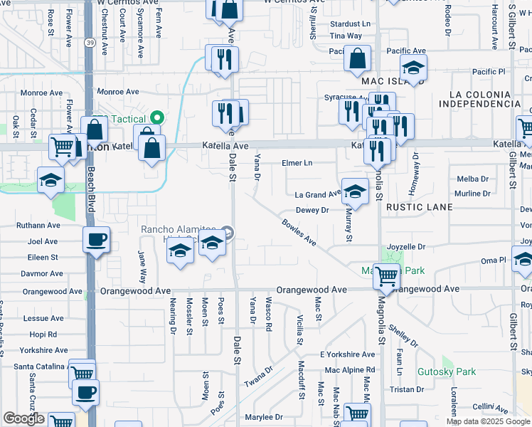map of restaurants, bars, coffee shops, grocery stores, and more near 11231 Bowles Avenue in Garden Grove
