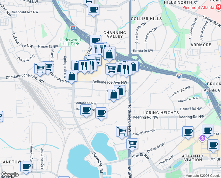 map of restaurants, bars, coffee shops, grocery stores, and more near 689 Holmes Street Northwest in Atlanta