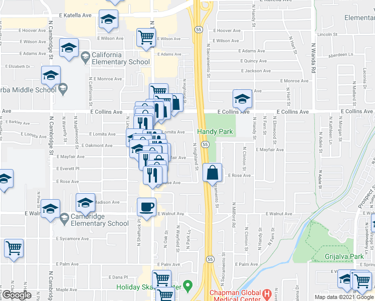 map of restaurants, bars, coffee shops, grocery stores, and more near 745 North Shirley Drive in Orange