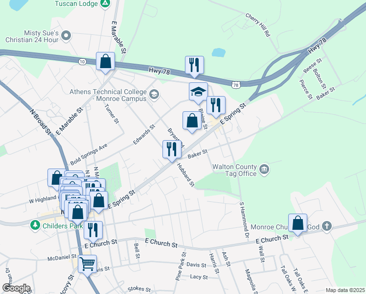 map of restaurants, bars, coffee shops, grocery stores, and more near 112 Bryant Road in Monroe