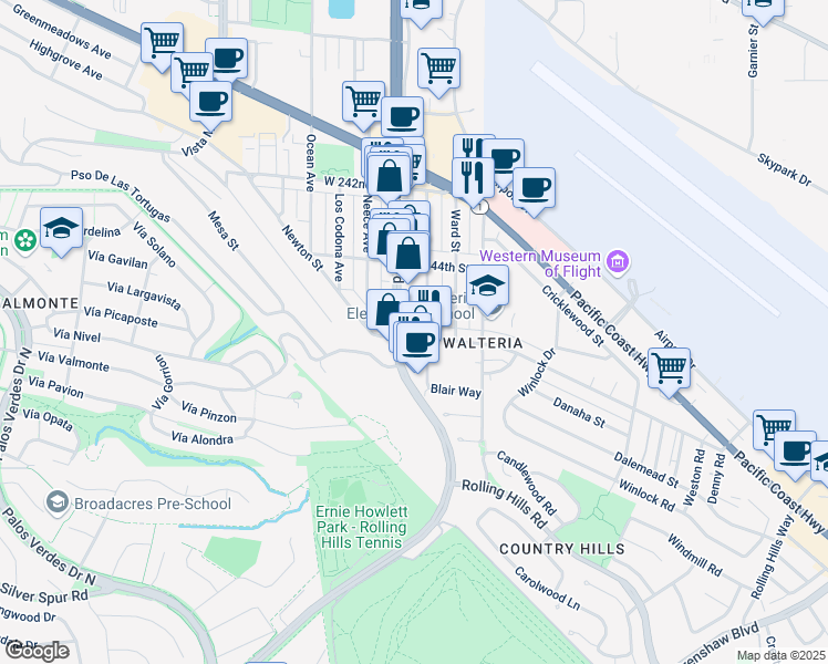 map of restaurants, bars, coffee shops, grocery stores, and more near 3711 Newton Street in Torrance