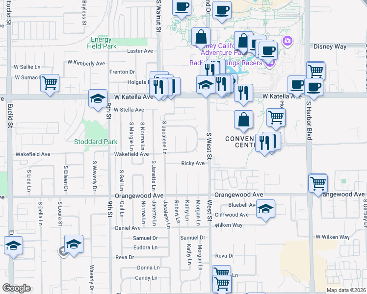 map of restaurants, bars, coffee shops, grocery stores, and more near 1925 South Kathy Lane in Anaheim