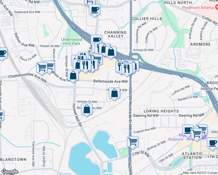 map of restaurants, bars, coffee shops, grocery stores, and more near 1635 Tallulah Street Northwest in Atlanta