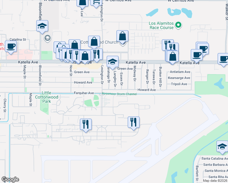 map of restaurants, bars, coffee shops, grocery stores, and more near 4562 Howard Avenue in Los Alamitos