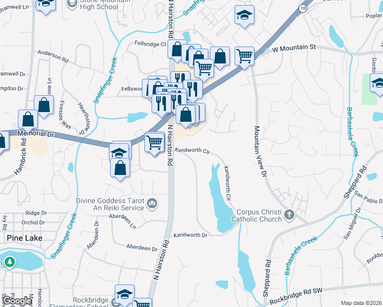map of restaurants, bars, coffee shops, grocery stores, and more near 233 Kenilworth Circle in Stone Mountain