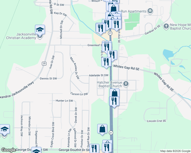 map of restaurants, bars, coffee shops, grocery stores, and more near 210 Adelaide Street Southwest in Jacksonville