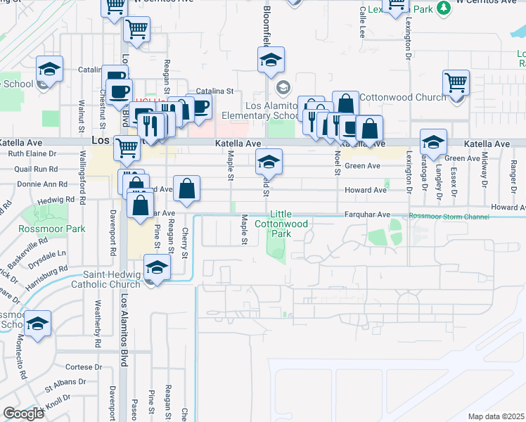 map of restaurants, bars, coffee shops, grocery stores, and more near 985 Farquhar Avenue in Los Alamitos