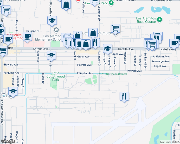 map of restaurants, bars, coffee shops, grocery stores, and more near 4393 Farquhar Avenue in Los Alamitos