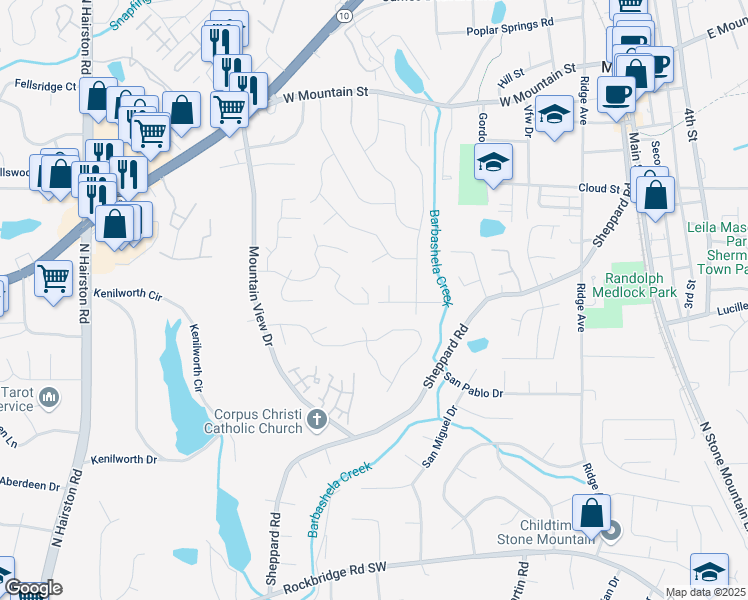 map of restaurants, bars, coffee shops, grocery stores, and more near 5123 Leland Drive in Stone Mountain