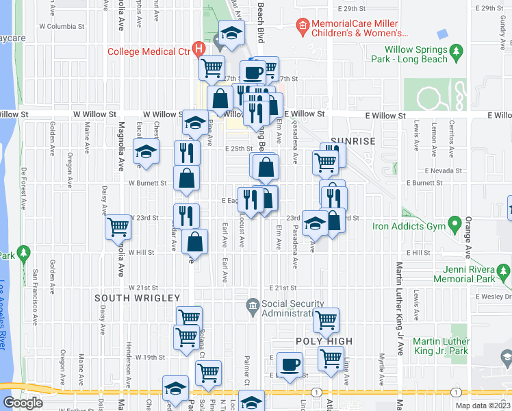 map of restaurants, bars, coffee shops, grocery stores, and more near 2335 Long Beach Boulevard in Long Beach