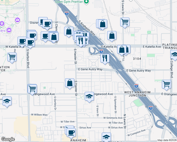 map of restaurants, bars, coffee shops, grocery stores, and more near 201 East Wakefield Avenue in Anaheim
