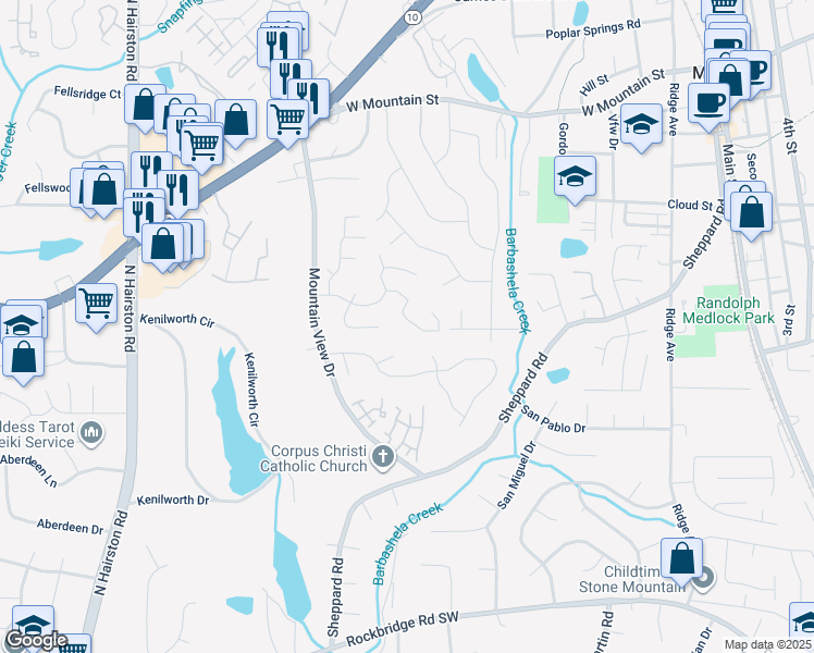 map of restaurants, bars, coffee shops, grocery stores, and more near 5083 Leland Drive in Stone Mountain