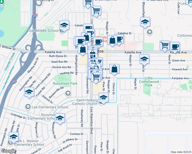 map of restaurants, bars, coffee shops, grocery stores, and more near 3531 Farquhar Avenue in Los Alamitos