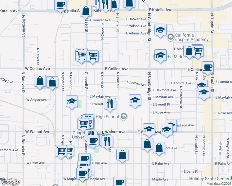 map of restaurants, bars, coffee shops, grocery stores, and more near 748 North Shaffer Street in Orange