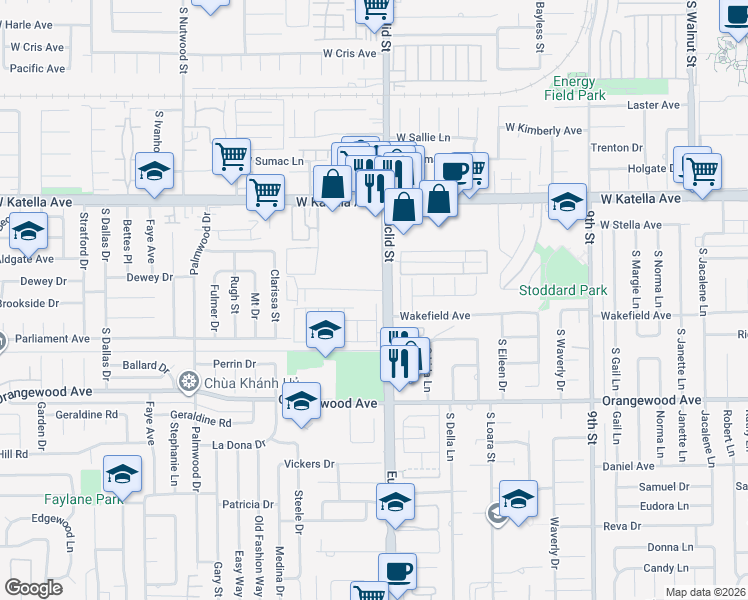 map of restaurants, bars, coffee shops, grocery stores, and more near 11301 Euclid Street in Garden Grove