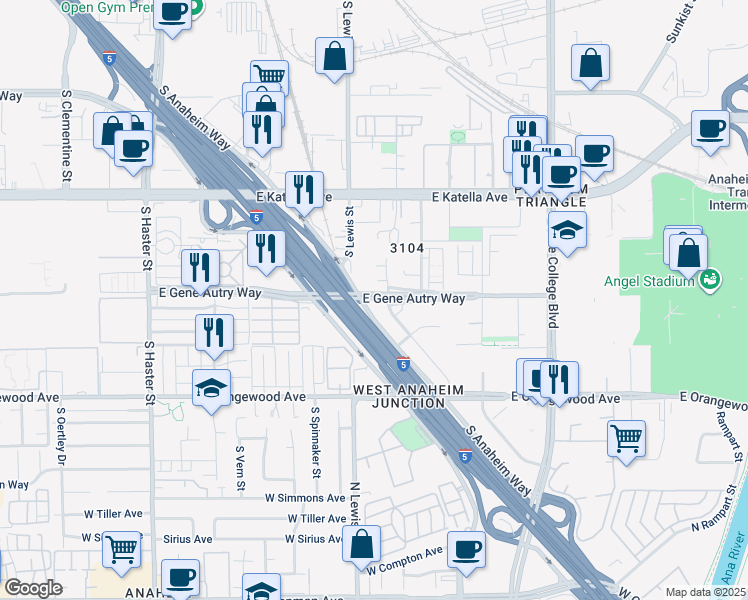 map of restaurants, bars, coffee shops, grocery stores, and more near 900 East Gene Autry Way in Anaheim