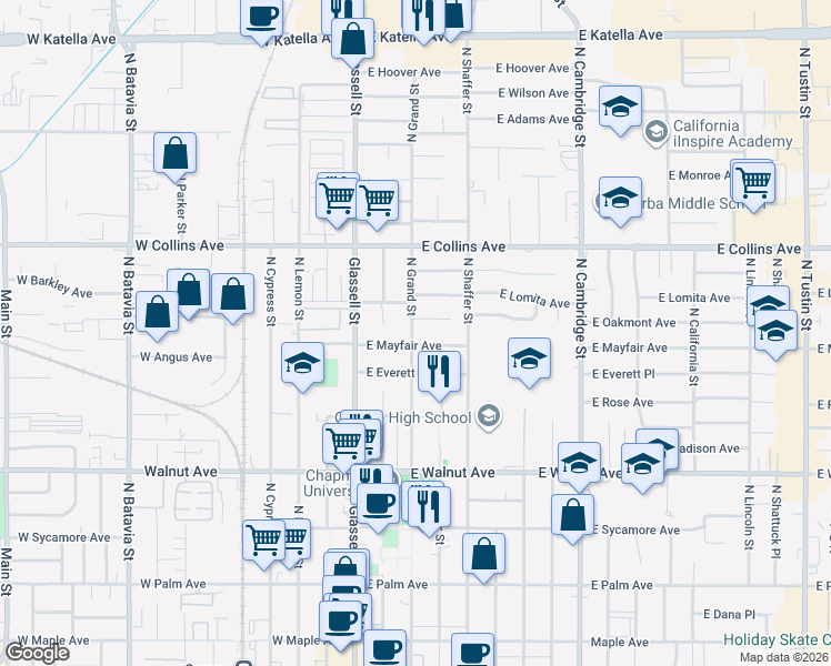 map of restaurants, bars, coffee shops, grocery stores, and more near 751 North Grand Street in Orange