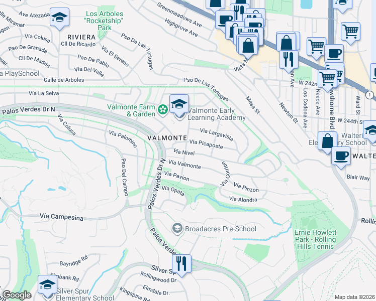 map of restaurants, bars, coffee shops, grocery stores, and more near 404 Vía Alcance in Palos Verdes Estates