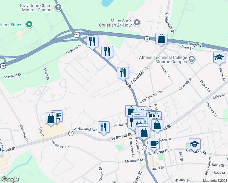 map of restaurants, bars, coffee shops, grocery stores, and more near 110 Norris Street in Monroe