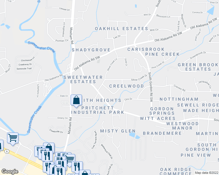 map of restaurants, bars, coffee shops, grocery stores, and more near 2062 Woodbine Circle in Austell