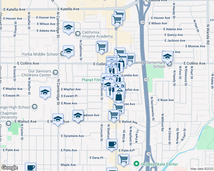 map of restaurants, bars, coffee shops, grocery stores, and more near 740 North Shattuck Place in Orange