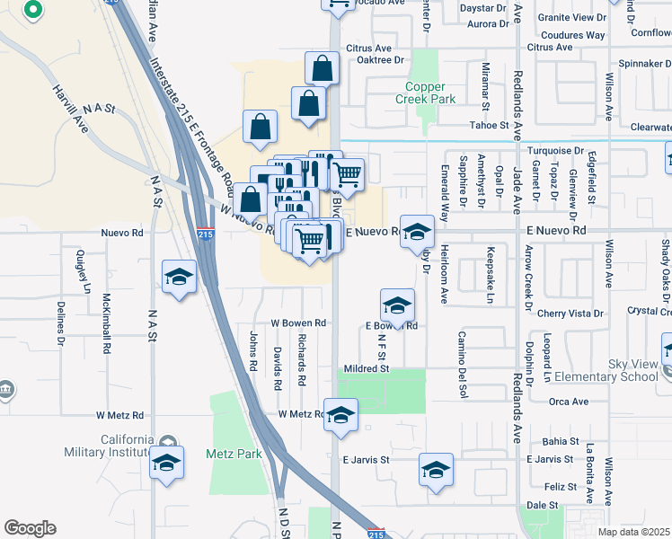 map of restaurants, bars, coffee shops, grocery stores, and more near 1355 North Perris Boulevard in Perris