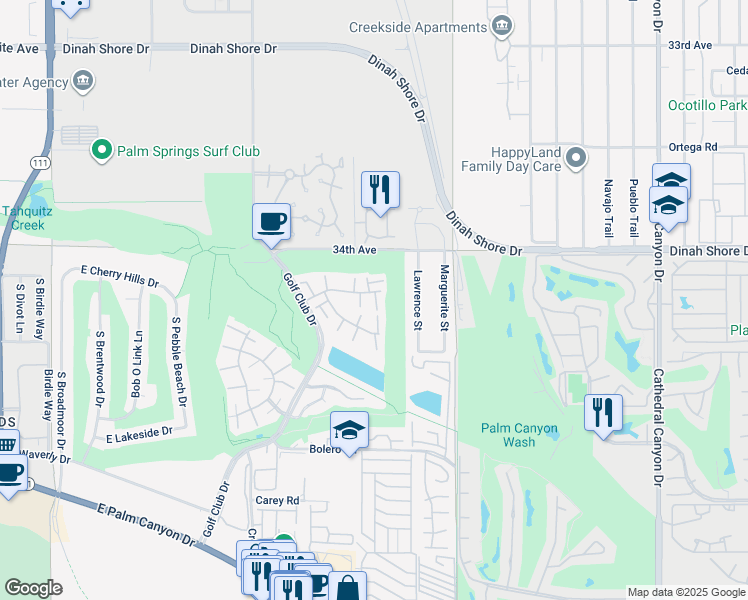 map of restaurants, bars, coffee shops, grocery stores, and more near 6135 Montecito Drive in Palm Springs