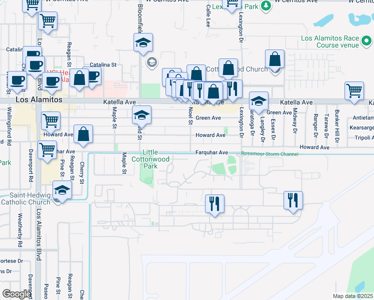 map of restaurants, bars, coffee shops, grocery stores, and more near 4223 Farquhar Avenue in Los Alamitos