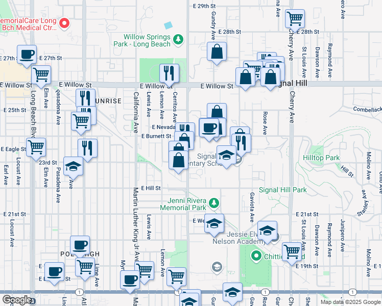 map of restaurants, bars, coffee shops, grocery stores, and more near 2310 Orange Avenue in Signal Hill