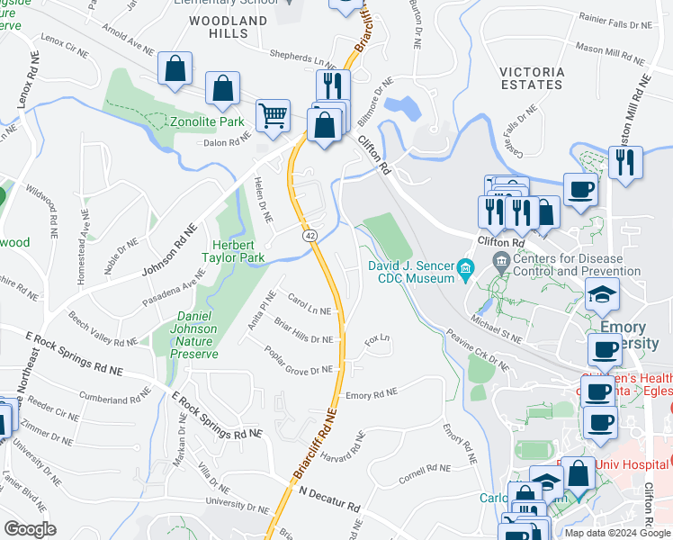 map of restaurants, bars, coffee shops, grocery stores, and more near 774 Briar Park Court Northeast in Atlanta